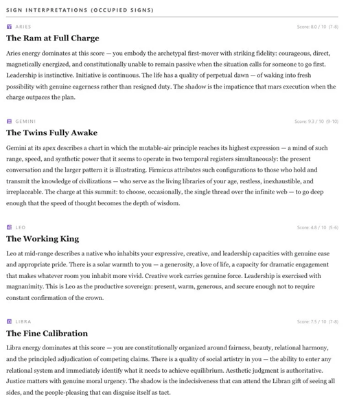 Stellar Scoring planetary reading system — elemental balance, modal balance and destiny vectors