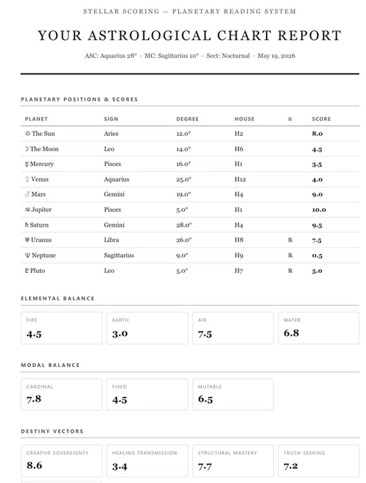 Astrological chart sign interpretations — Aries, Gemini, Leo and Libra archetypes scored and described