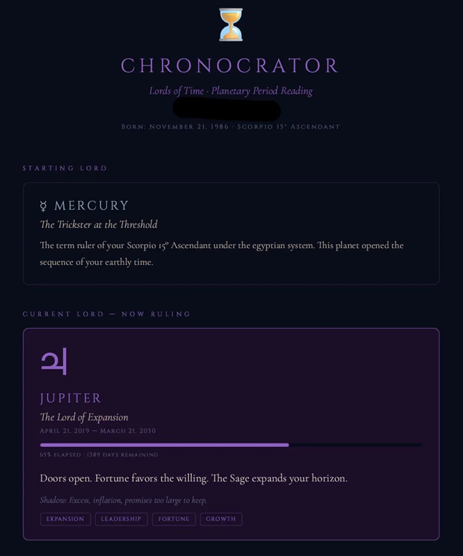 Chronocrator Lords of Time planetary period reading — Jupiter current lord with timeline and sub-periods